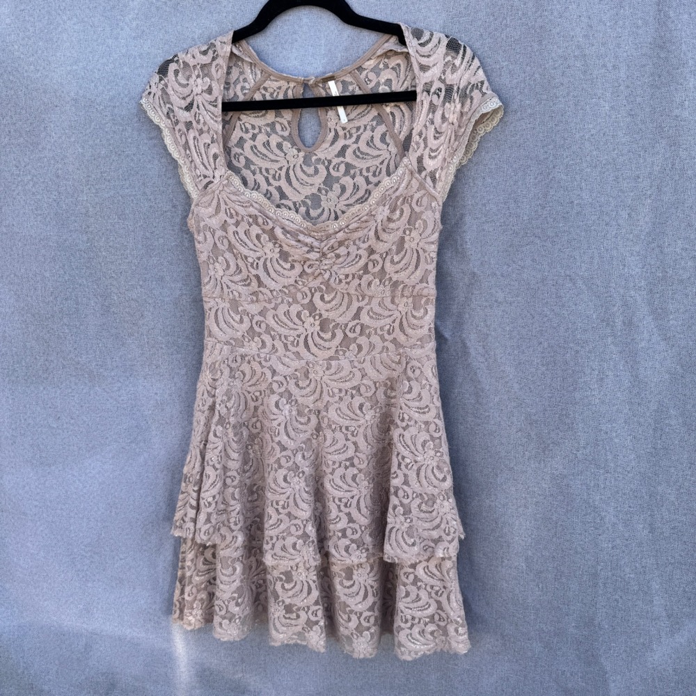 Free People Metallic Floral Lace Tiered Fit & Flare Dress Taupe Gold Size 0